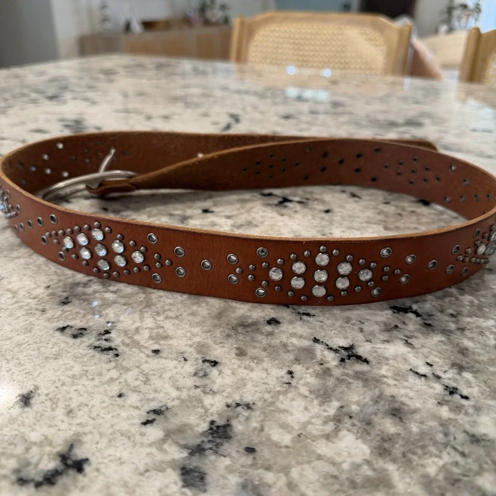 Y2K VTG Fossil Brown Leather Belt Silver Studs Grommets Clear Rhinestones Sz Lg‎